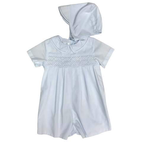 Light Blue Short Sleeve Baby Boy Romper with Geometric Smocking across the chest  with matching bonnet