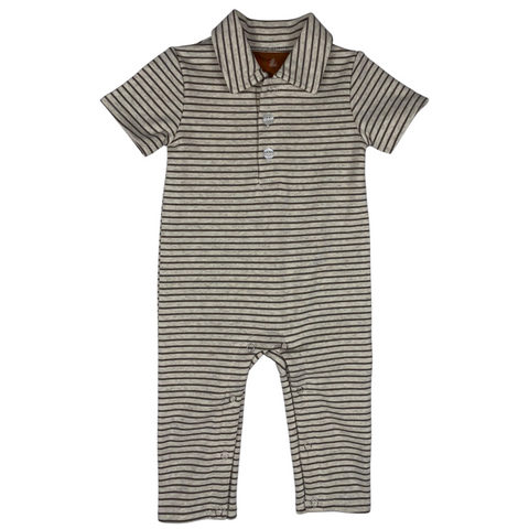 Brown stripe baby boy romper with collar, short sleeves, and snap bottom closure made from soft cotton spandex.
