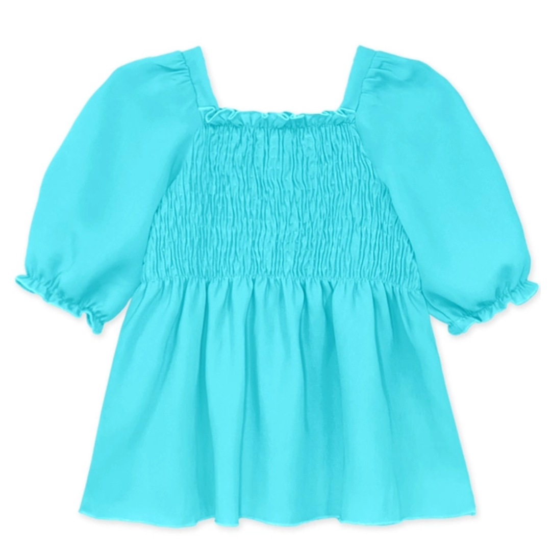 Girls turquoise smocked puff sleeve top with flowy hem and elastic cuffs.