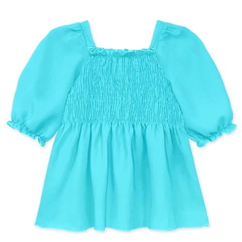 Girls turquoise smocked puff sleeve top with flowy hem and elastic cuffs.