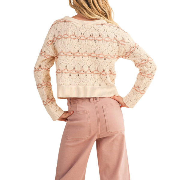 Tween Cream/Mauve Wavy Pointelle Sweater