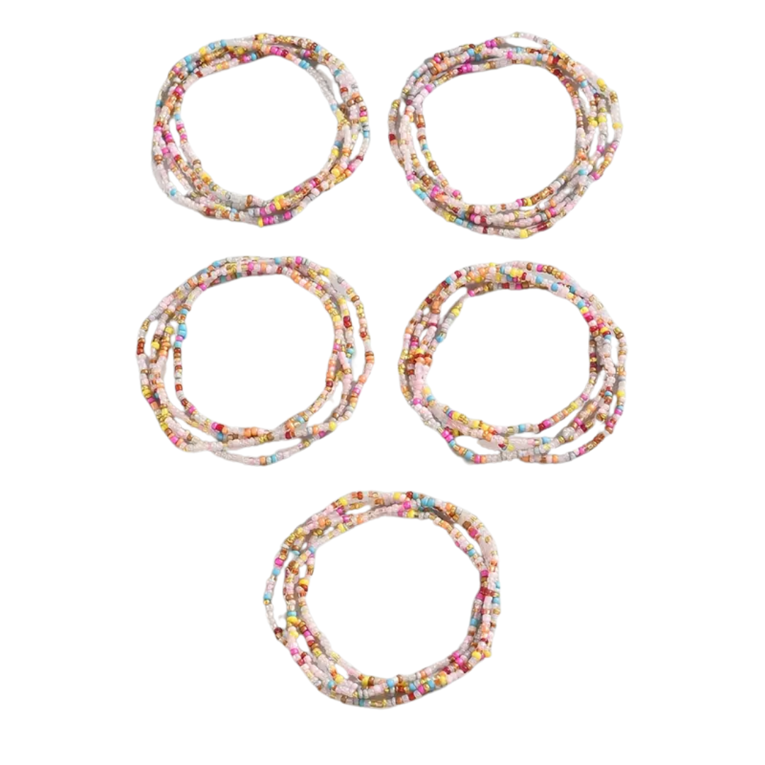 A product image showing five individual, circular coils of multi-strand boho bead bracelets. The bracelets are made of various colorful seed beads, including pink, yellow, blue, and white, and are arranged in two rows of two with one below, all against a white background.