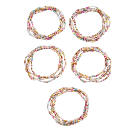 A product image showing five individual, circular coils of multi-strand boho bead bracelets. The bracelets are made of various colorful seed beads, including pink, yellow, blue, and white, and are arranged in two rows of two with one below, all against a white background.