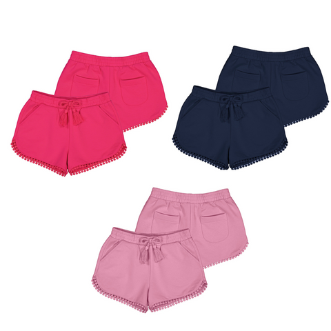 Various colors of knit shorts with front pockets and a chenille lace trim