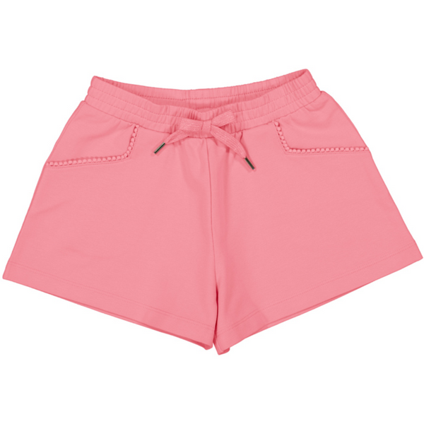 Girls knit elastic waist shorts with chenille trim pockets in geranium pink 
