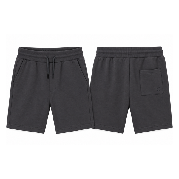 A pair of dark grey sweat shorts shown from both the front and back views.The front view shows a drawstring waistband, side pockets, and the side seam.