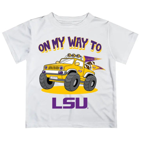 White toddler T-shirt featuring a yellow monster truck with LSU flags and the phrase “On My Way to LSU” in purple and gold