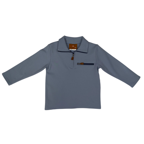 long sleeve quarter zip pullover with zipper pocket on the left breast side and leather zipper pulls