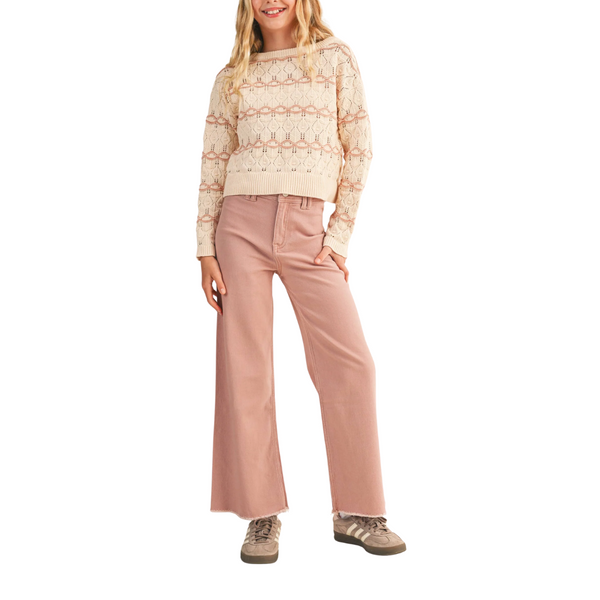 Tween Cream/Mauve Wavy Pointelle Sweater