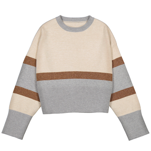 Girls’ cropped sweater with beige, grey, and glittery bronze horizontal stripes and ribbed trim

