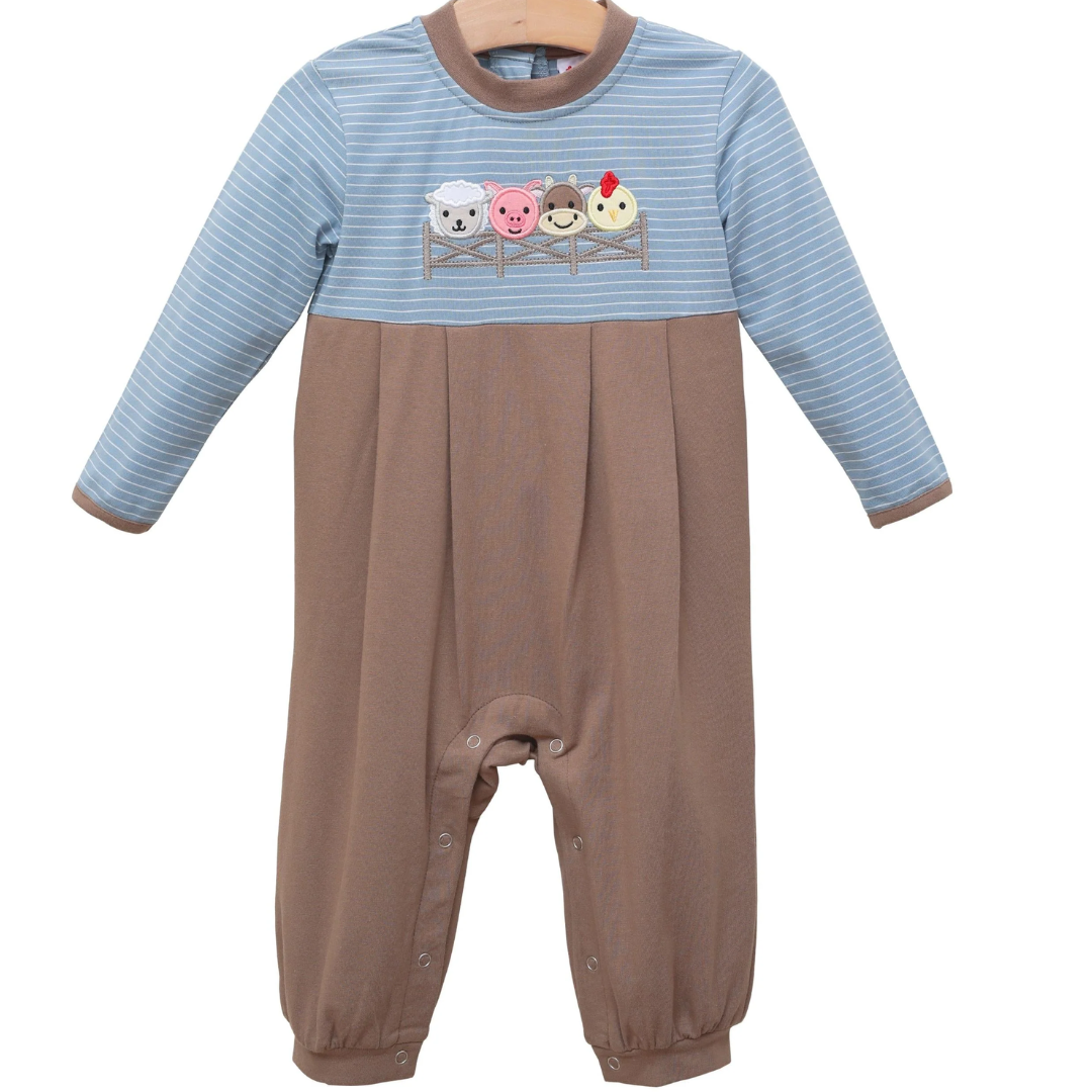 aby romper with blue striped top, embroidered farm animals, and solid brown bottom by Jellybean.