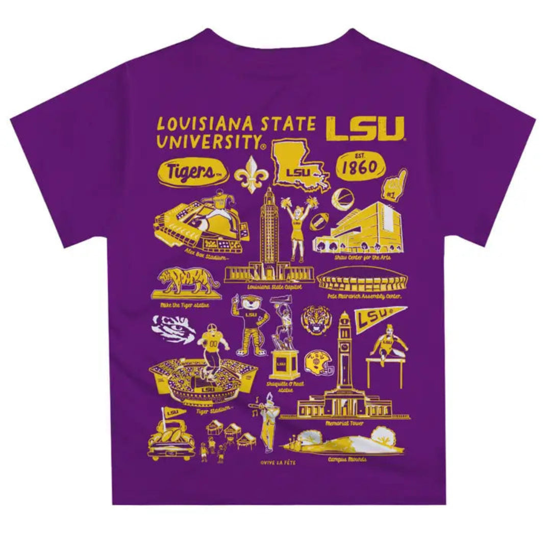 Purple t-shirt with yellow LSU artifacts graphics and text on a white background