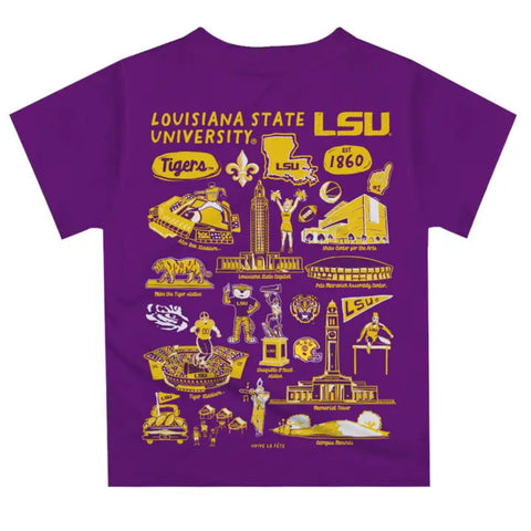 Purple t-shirt with yellow LSU artifacts graphics and text on a white background