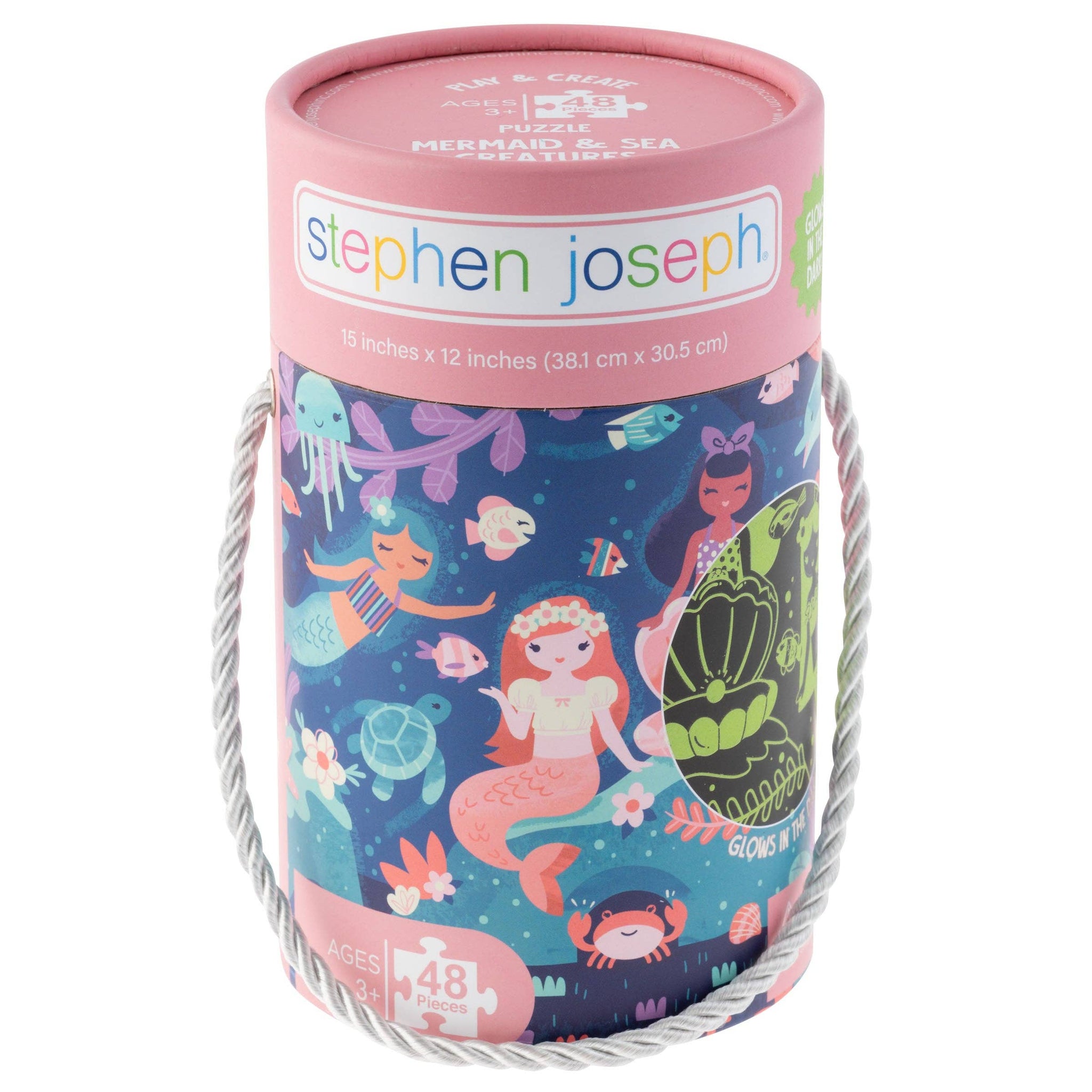 48 piece mermaid puzzle in a round resealable carton with a lid