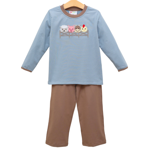 Blue striped long-sleeve top with embroidered farm animals and matching brown pants from Jellybean.