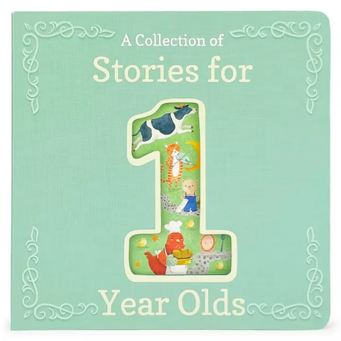 Mint-green board book titled “A Collection of Stories for 1 Year Olds” with a cutout number 1 showing playful illustrations.