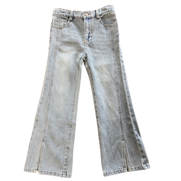acid wash jeans , wide leg with off center front seam and a slit in the front 