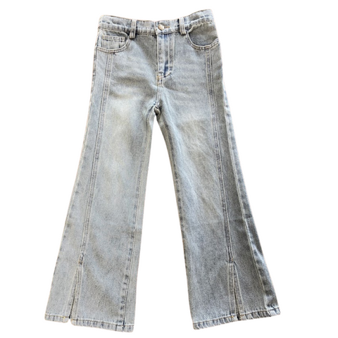acid wash jeans , wide leg with off center front seam and a slit in the front 