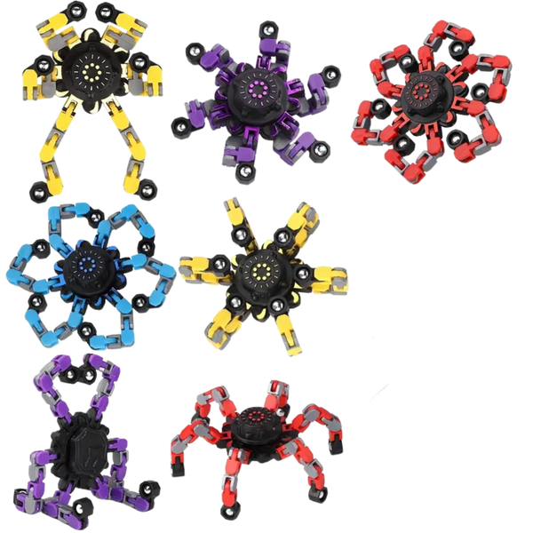Assorted adjustable fidget spinners with bendable, multi-jointed legs in red, yellow, blue, and purple designs.