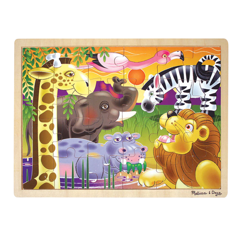 Wooden jigsaw puzzle featuring colorful illustrations on a sturdy wooden board.