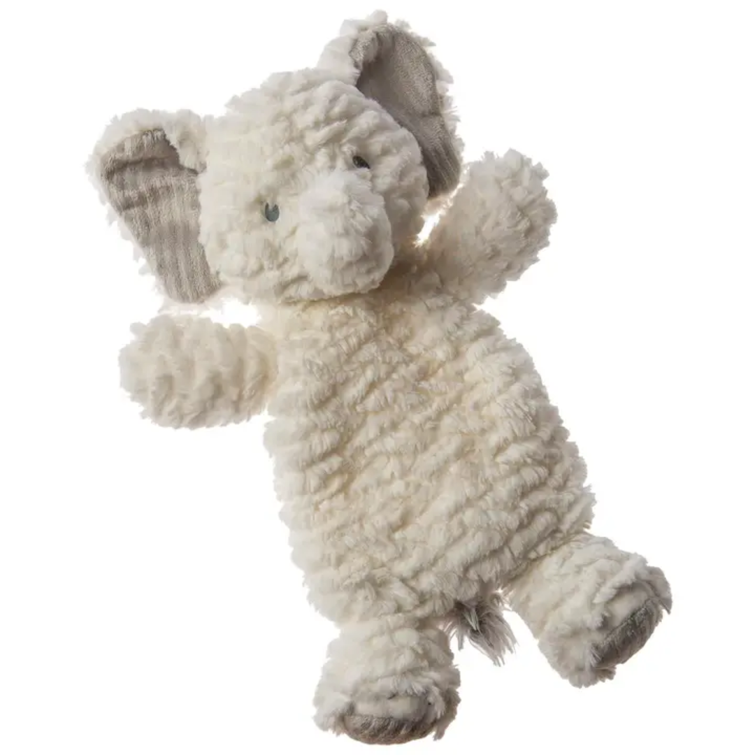 Afrique Elephant Lovey with white textured fabric, embroidered face, floppy body, and weighted feet
