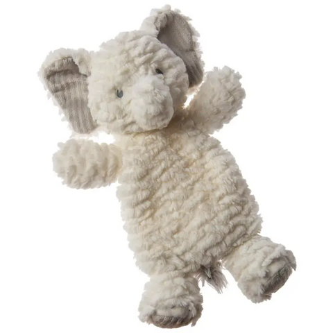 Afrique Elephant Lovey with white textured fabric, embroidered face, floppy body, and weighted feet