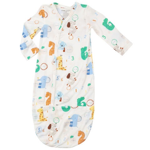 White bundle gown with animals and numbers