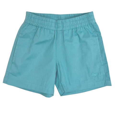 aqua marine blue lightweight twill elastic waist pull on short for boy with slit side pockets