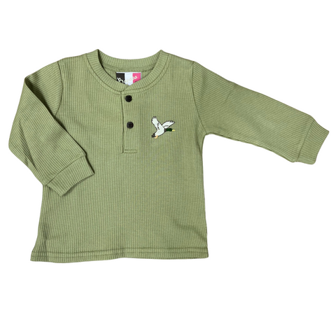 Army green waffle knit henley with a 2 button accent and a flying mallard embroidery on the left chest
