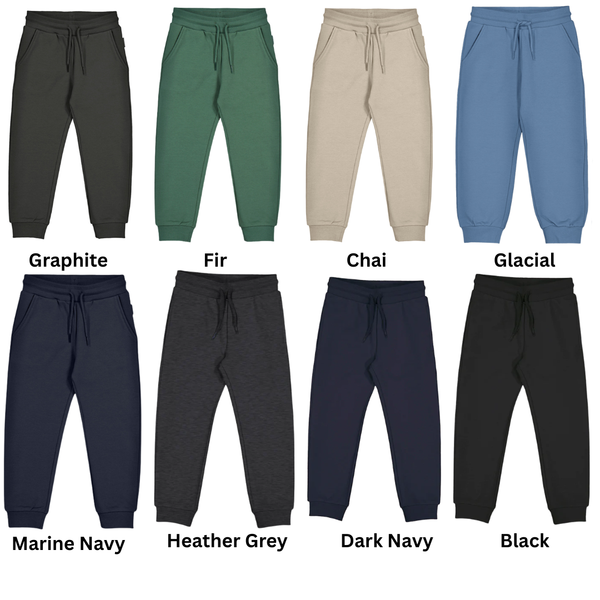 Kids jogger pants in multiple colors with elastic waistband, drawstring, and cuffed ankles.