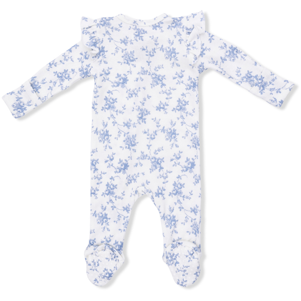 White baby onesie with blue floral pattern on a white background