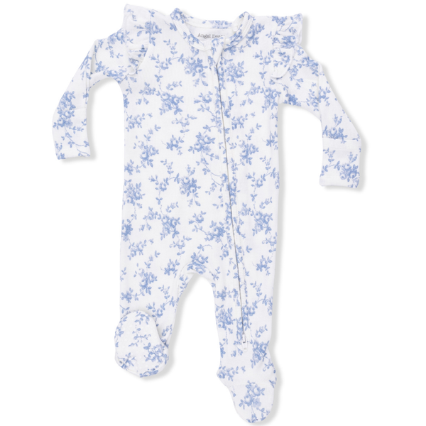 Baby onesie with blue floral pattern on a white background
