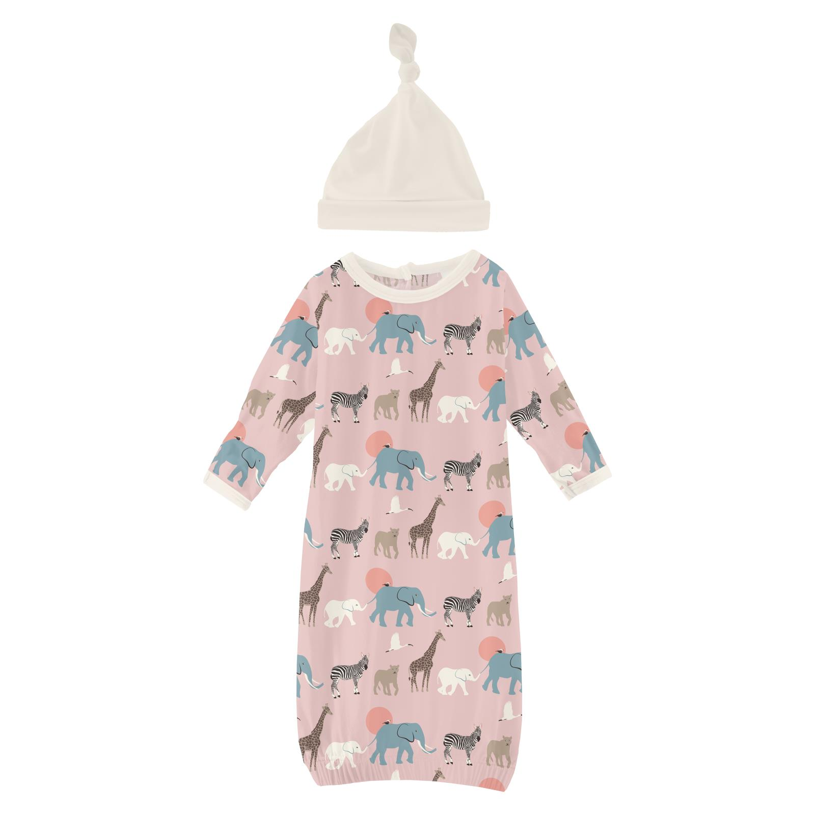 Baby Rose Just So Animals Layette Gown and Single Knot Hat Set