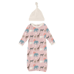 Baby Rose Just So Animals Layette Gown and Single Knot Hat Set