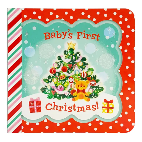 Cover of “Baby’s First Christmas” board book featuring a decorated Christmas tree, teddy bear, gifts, and festive red polka-dot border.