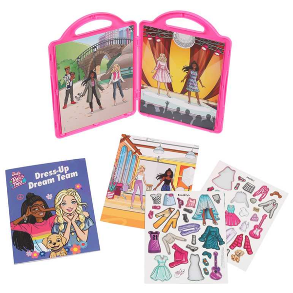 Barbie Toy set with dress-up cards, book, and stickers on a white background