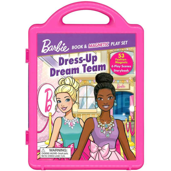 Barbie magnetic play set featuring Brooklyn and Malibu with dress-up magnets, play scenes, and a pink carry case.