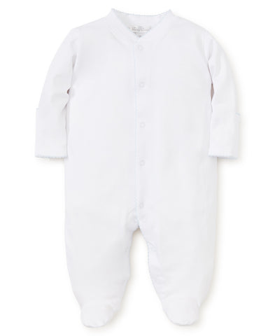 White baby footie with blue trim made from 100% Peruvian Pima cotton.