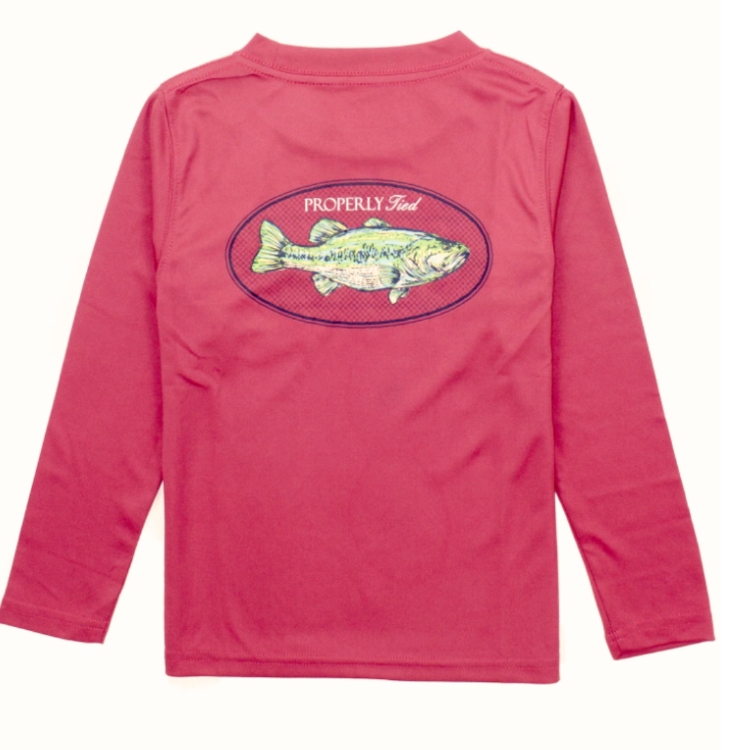 long sleeve graphic tee with a screen print on the back of a bass fish and the properly tied logo in an oval shaped print