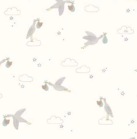 cream background with stork carrying a bear