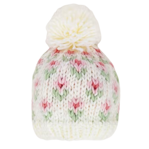 cream with pink floral knit beanie hat