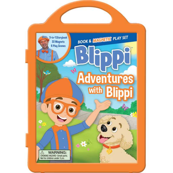 Blippi magnetic play set with plastic carrying case, storybook, magnetic scenes, and character play pieces.
