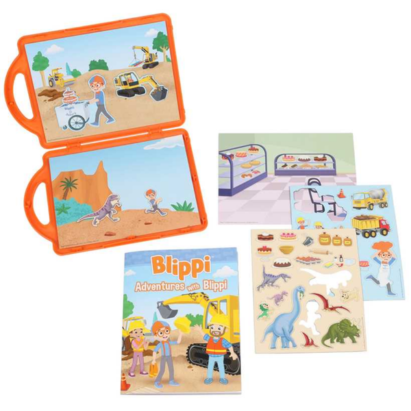 Blippi educational toy set with book, puzzles, and magnetic board on a white background