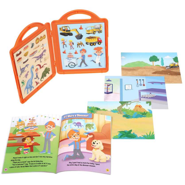 Blippi Magnetic  book set with colorful illustrations and a carrying case on a white background