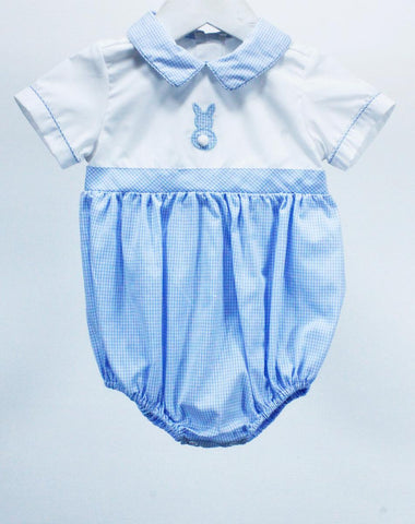 traditional style boy bubble blue gingham on the bottom and solid white bodice with bunny tail applique and gingham collar