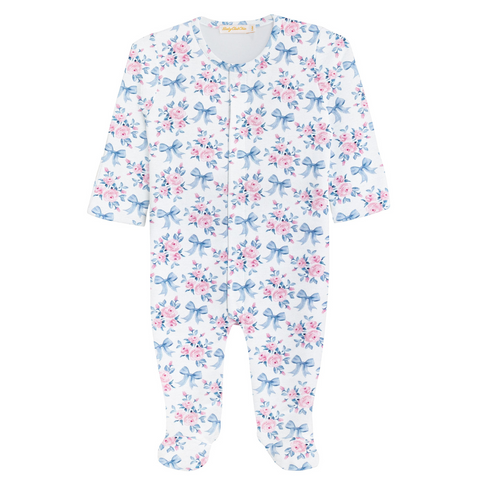 White baby footie sleeper with long sleeves, closed feet, and an allover pink floral and blue bow print pattern.