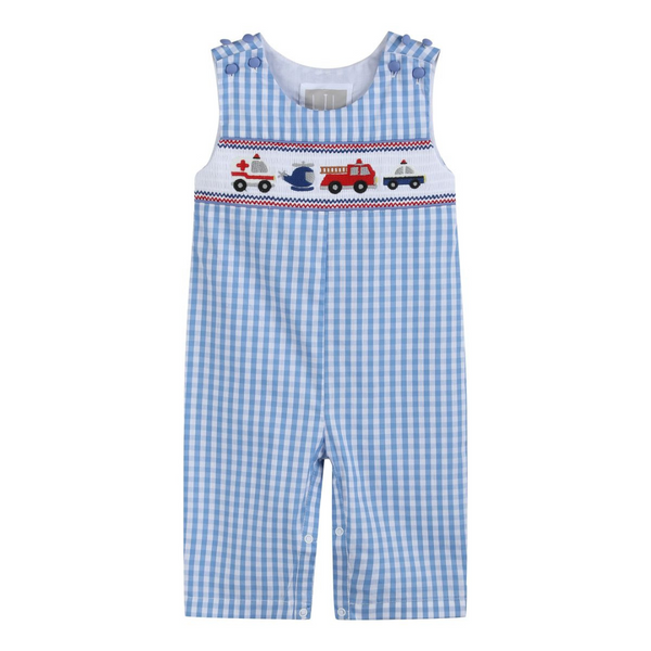 Blue gingham overalls with embroidered emergency vehicles smocked across the chest, shown from the front.