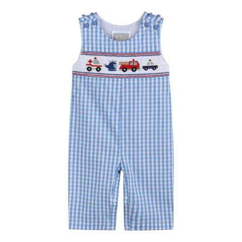 Blue gingham overalls with embroidered emergency vehicles smocked across the chest, shown from the front.
