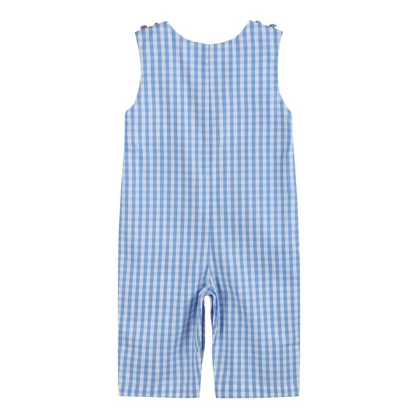 Blue gingham baby overalls shown from the back, featuring a sleeveless design and snap leg openings.