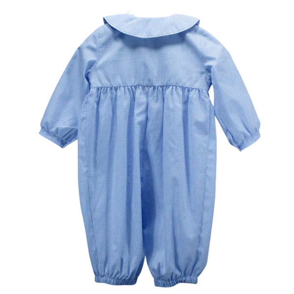 Back view of the baby boy’s blue gingham romper with elasticized cuffs and gathered waist, showing full length and buttoned back.